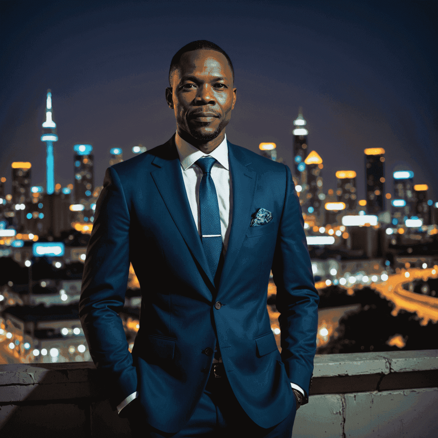 Portrait of Themba Nkosi, a confident Black South African man in his 40s wearing a stylish suit, standing in front of a neon-lit Johannesburg skyline