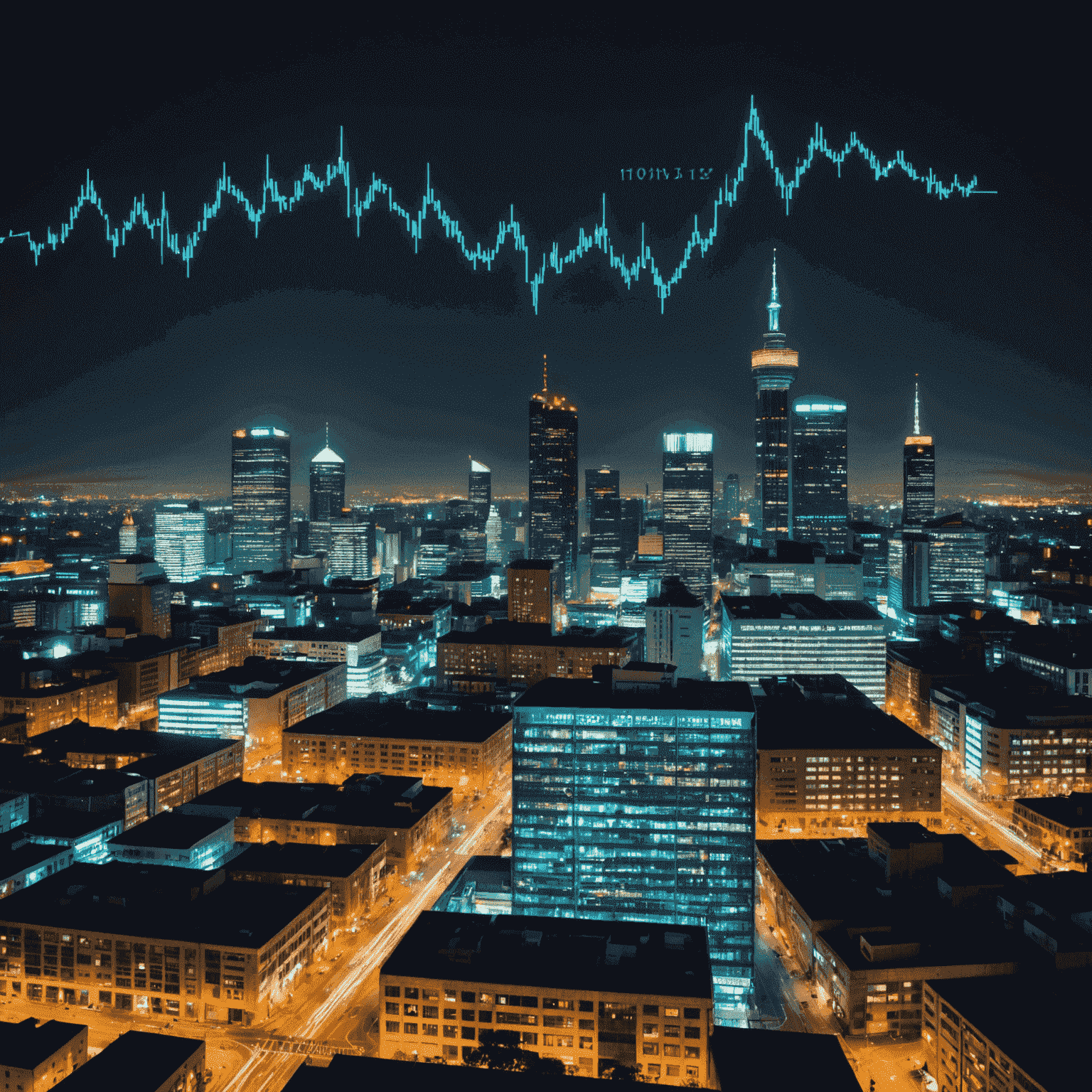 A neon-lit Johannesburg skyline with stock market graphs overlaid, symbolizing investment opportunities in South Africa