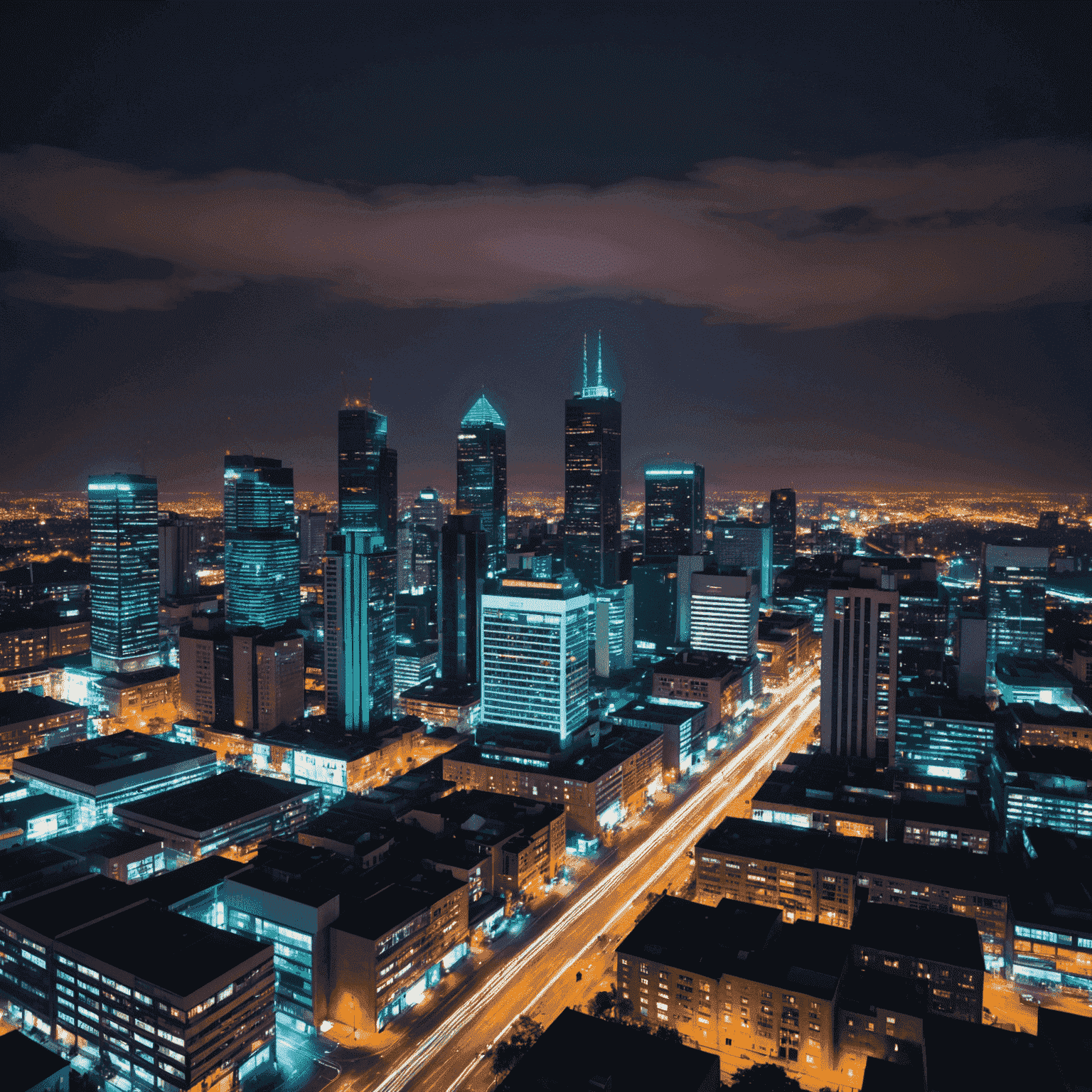 Cityscape of Johannesburg with neon overlay, showcasing modern skyscrapers and financial district illuminated at night, symbolizing top investment opportunities in South Africa