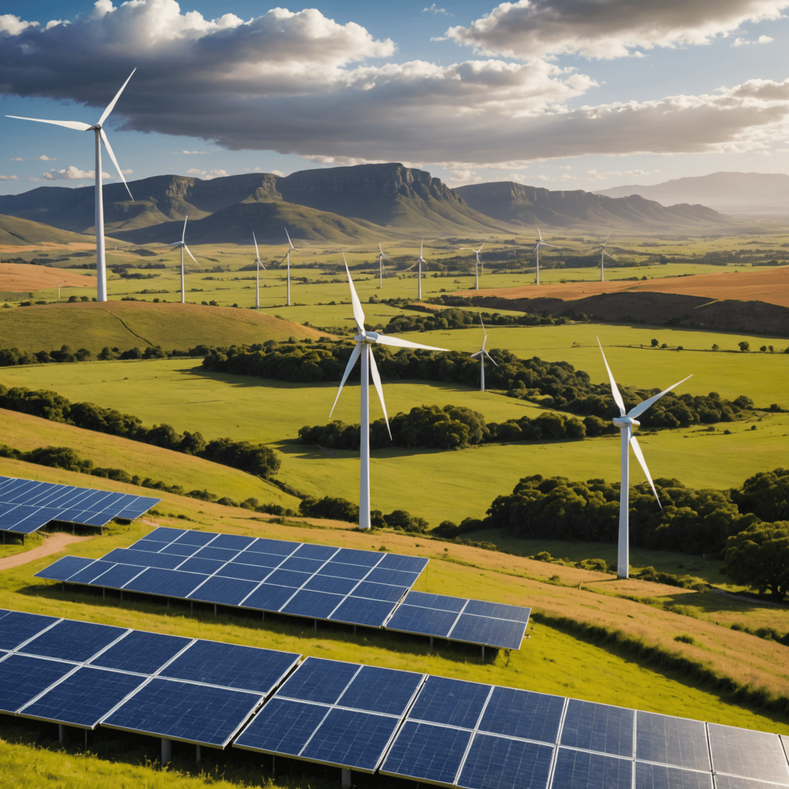 Solar panels and wind turbines in a South African landscape, showcasing the country's commitment to renewable energy