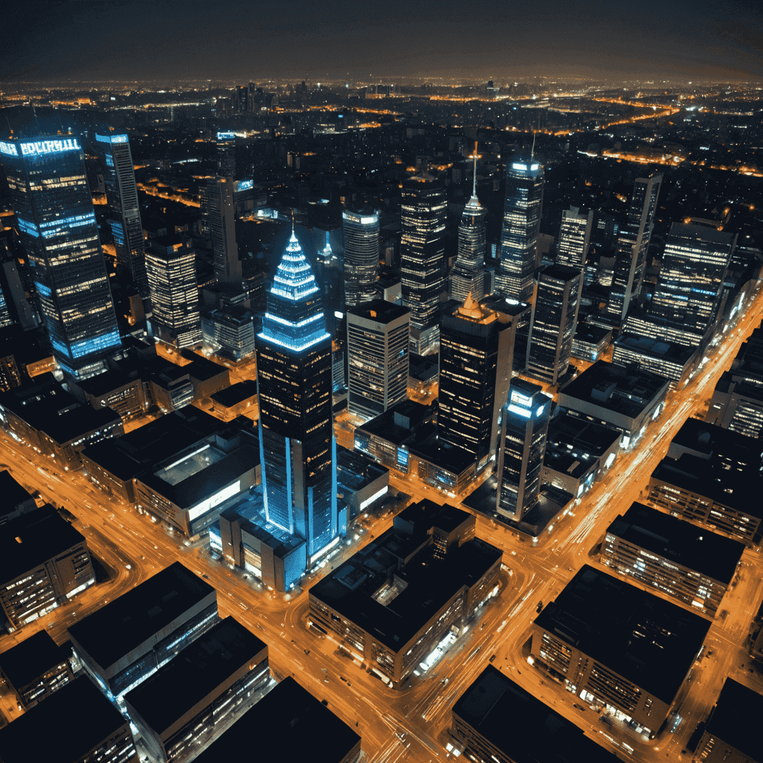 Aerial view of Johannesburg city skyline with JSE building prominently featured, surrounded by neon-lit skyscrapers