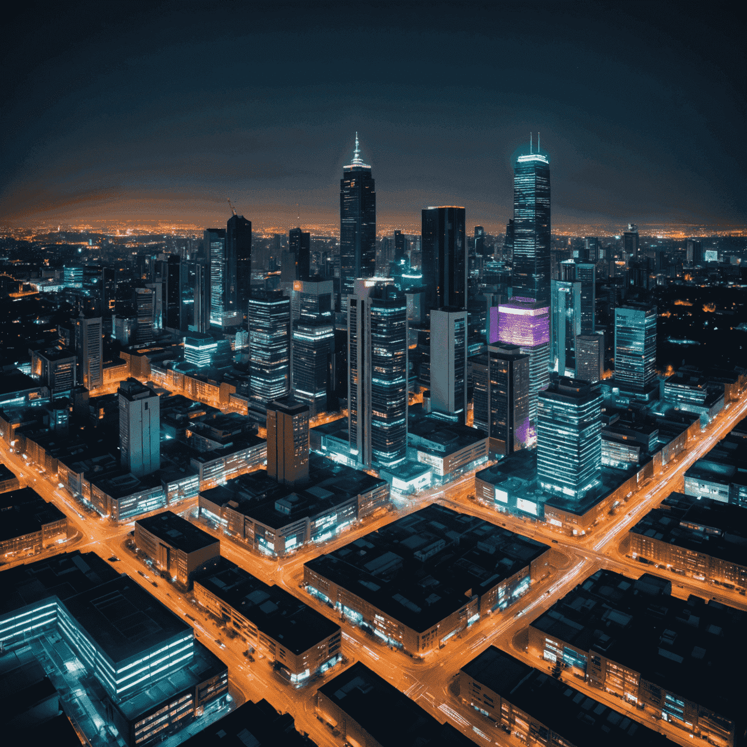 A futuristic cityscape of Johannesburg at night, with neon lights illuminating skyscrapers and financial district buildings. The image symbolizes the modern and dynamic nature of South African investments.