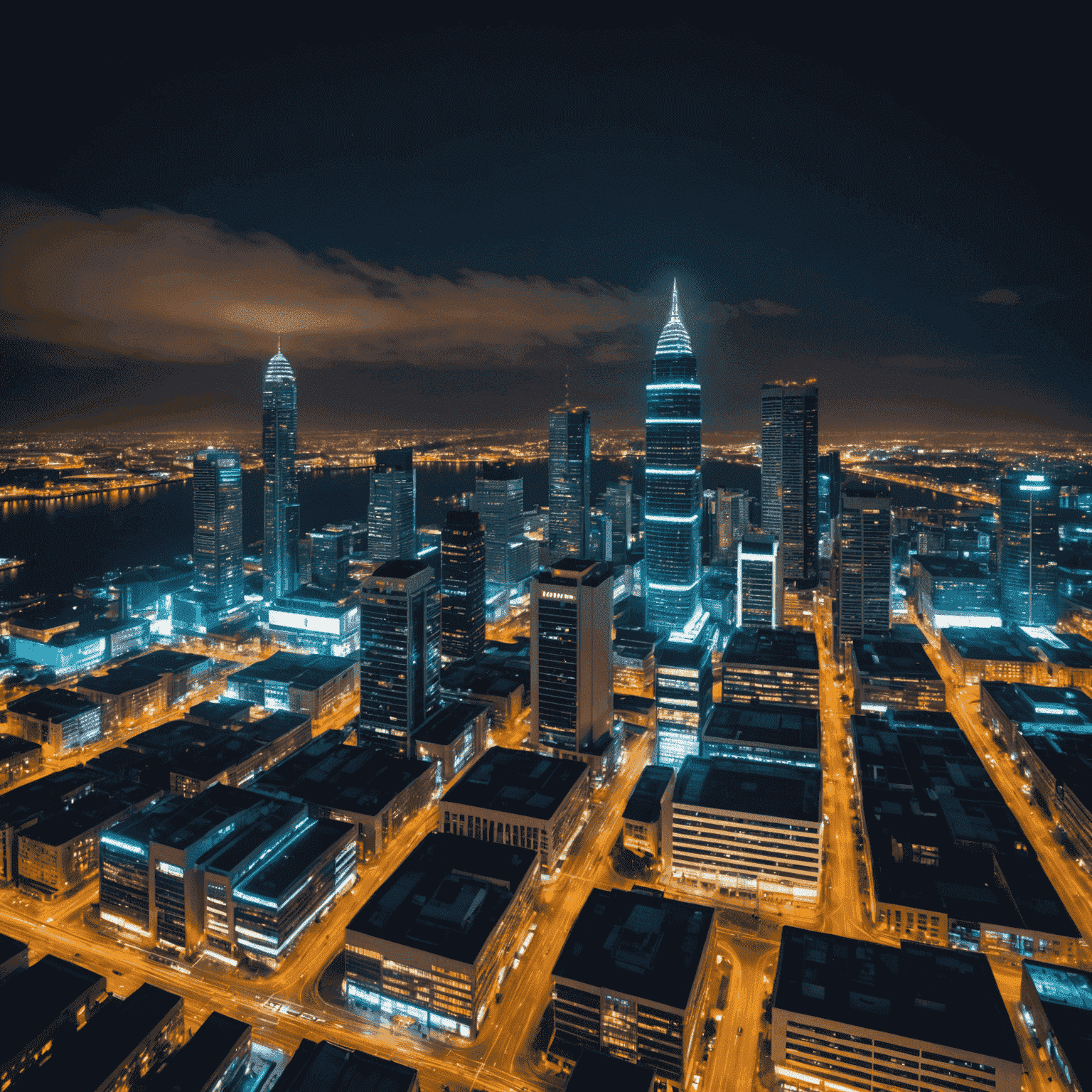 South African cityscape with neon-lit skyscrapers representing foreign investment