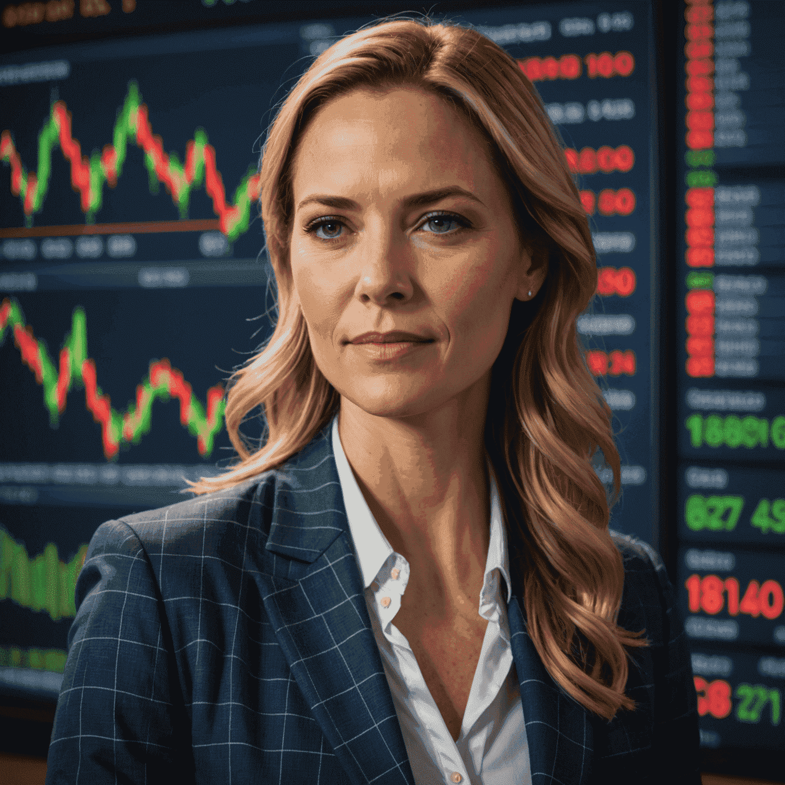 Portrait of Sarah van der Merwe, a professional-looking White South African woman in her 30s, pictured against a background of glowing stock market charts