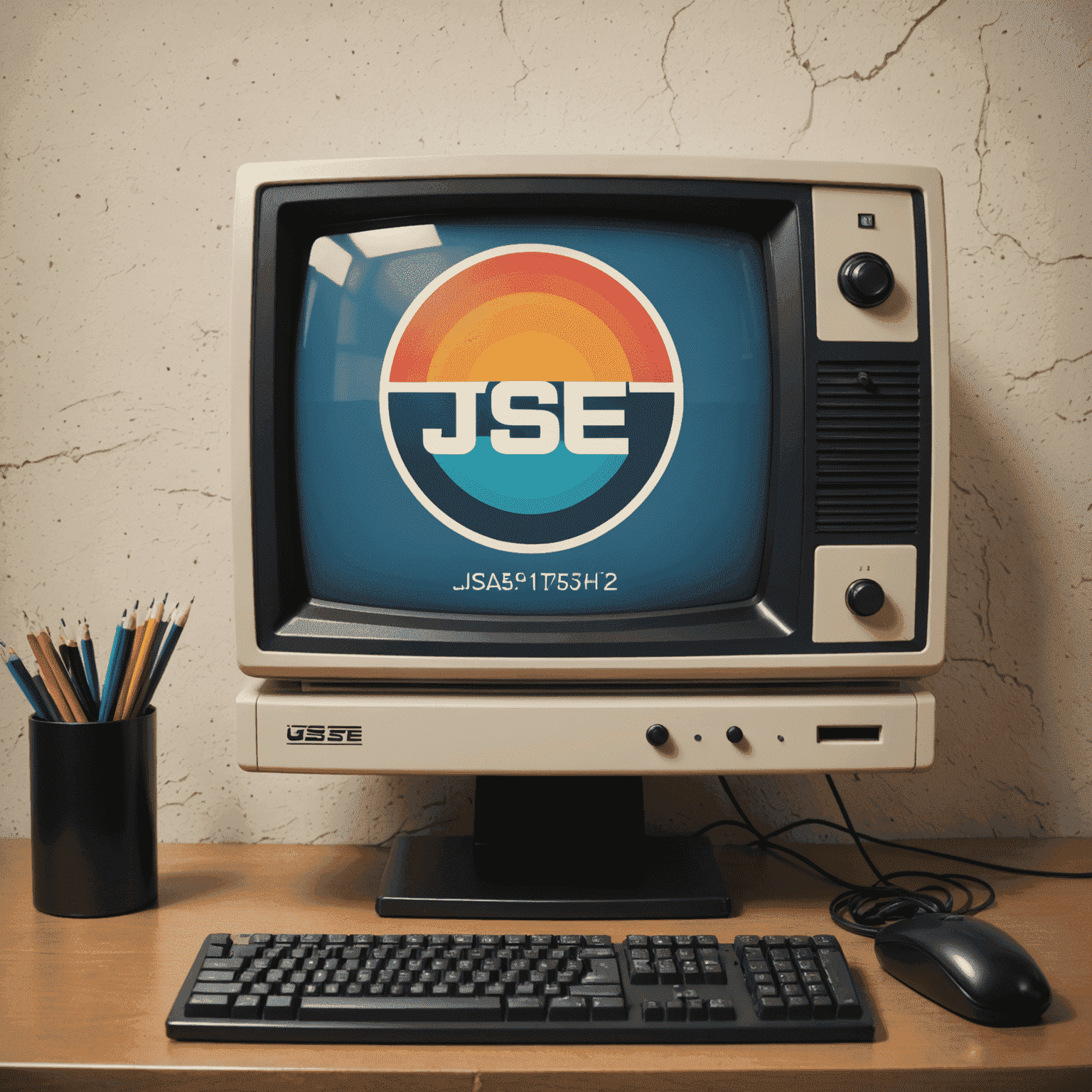 A retro-style computer screen displaying the JSE logo and basic stock information, ideal for beginners