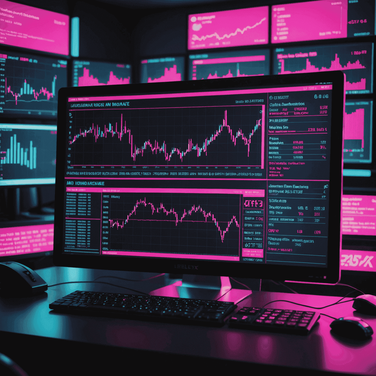 Retro-style computer screen displaying stock market data and graphs with neon pink highlights, representing a beginner's guide to the Johannesburg Stock Exchange