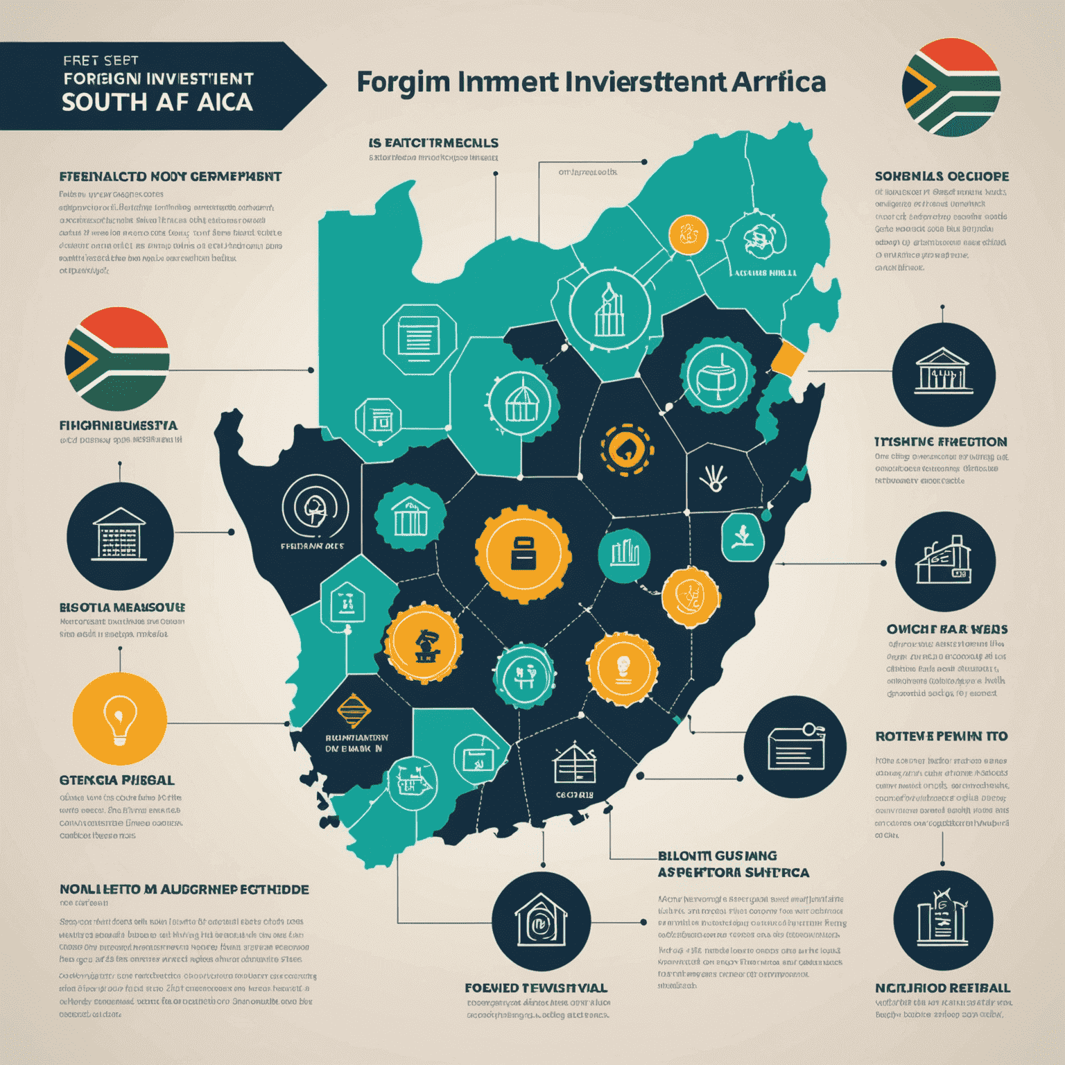 Infographic showing key steps for foreign investment in South Africa with neon icons