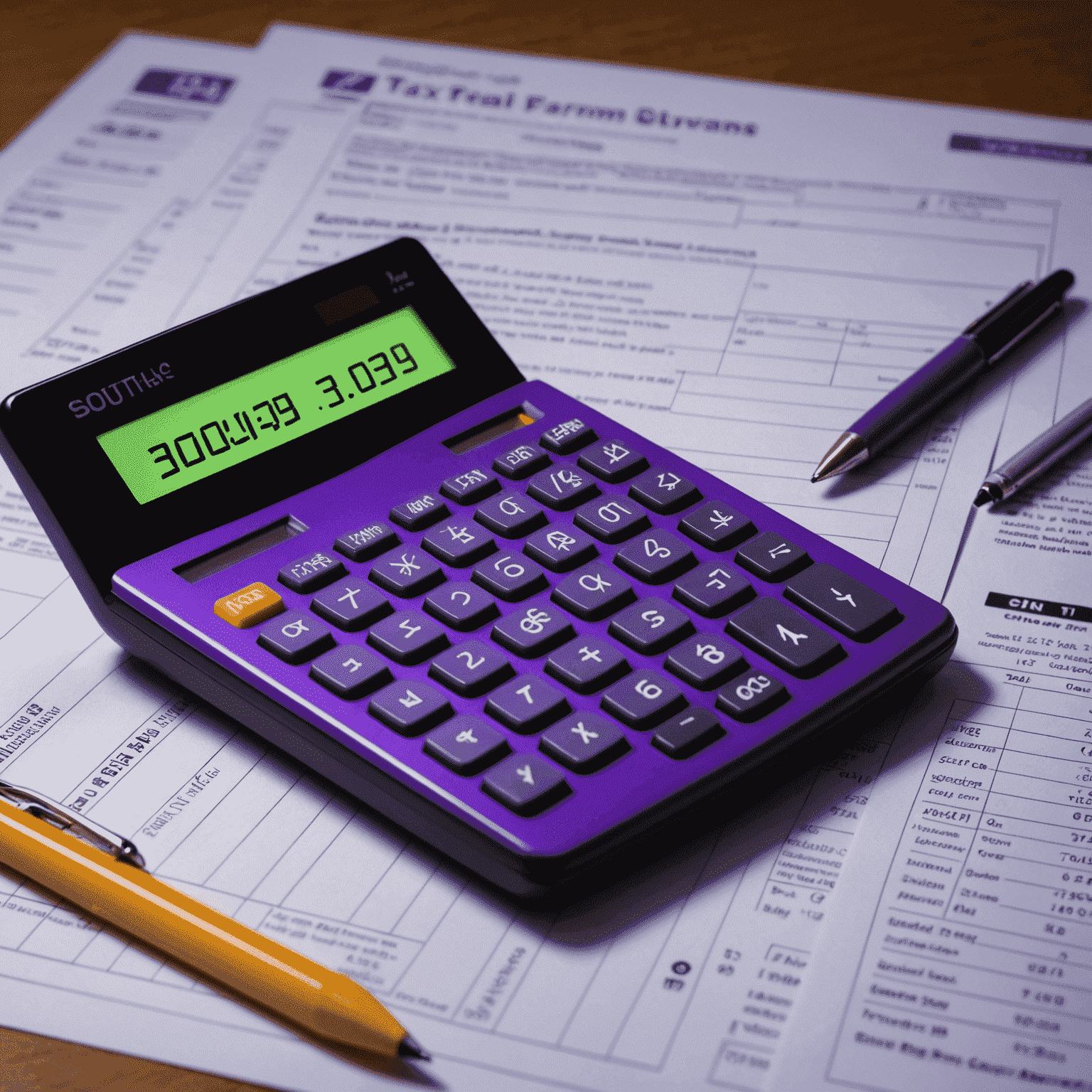 Neon purple calculator and tax forms with glowing numbers, illustrating tax-efficient investing strategies for South Africans