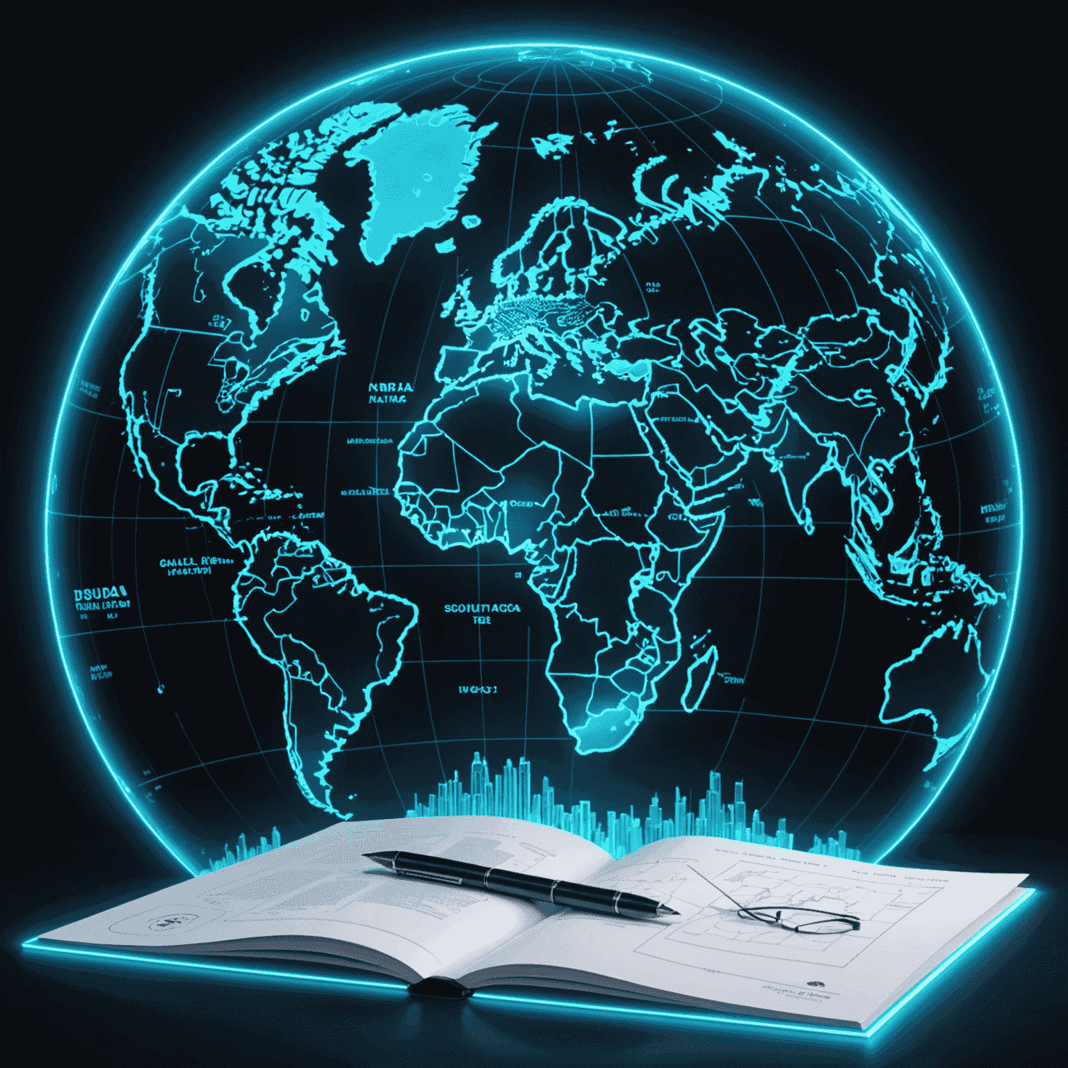 Futuristic neon blue world map with South Africa highlighted, surrounded by floating regulatory symbols and documents