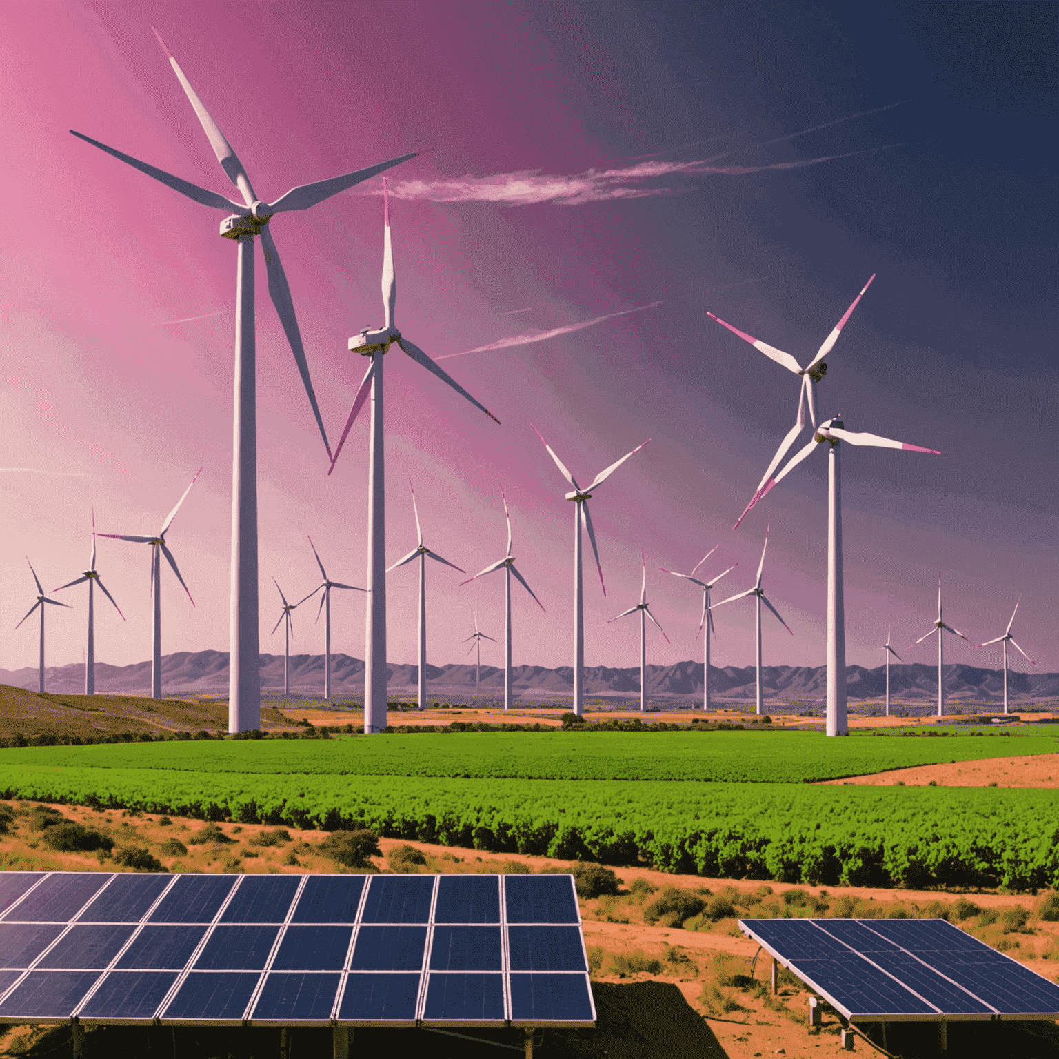 Neon pink and green wind turbines and solar panels against a South African landscape, representing sustainable investment opportunities