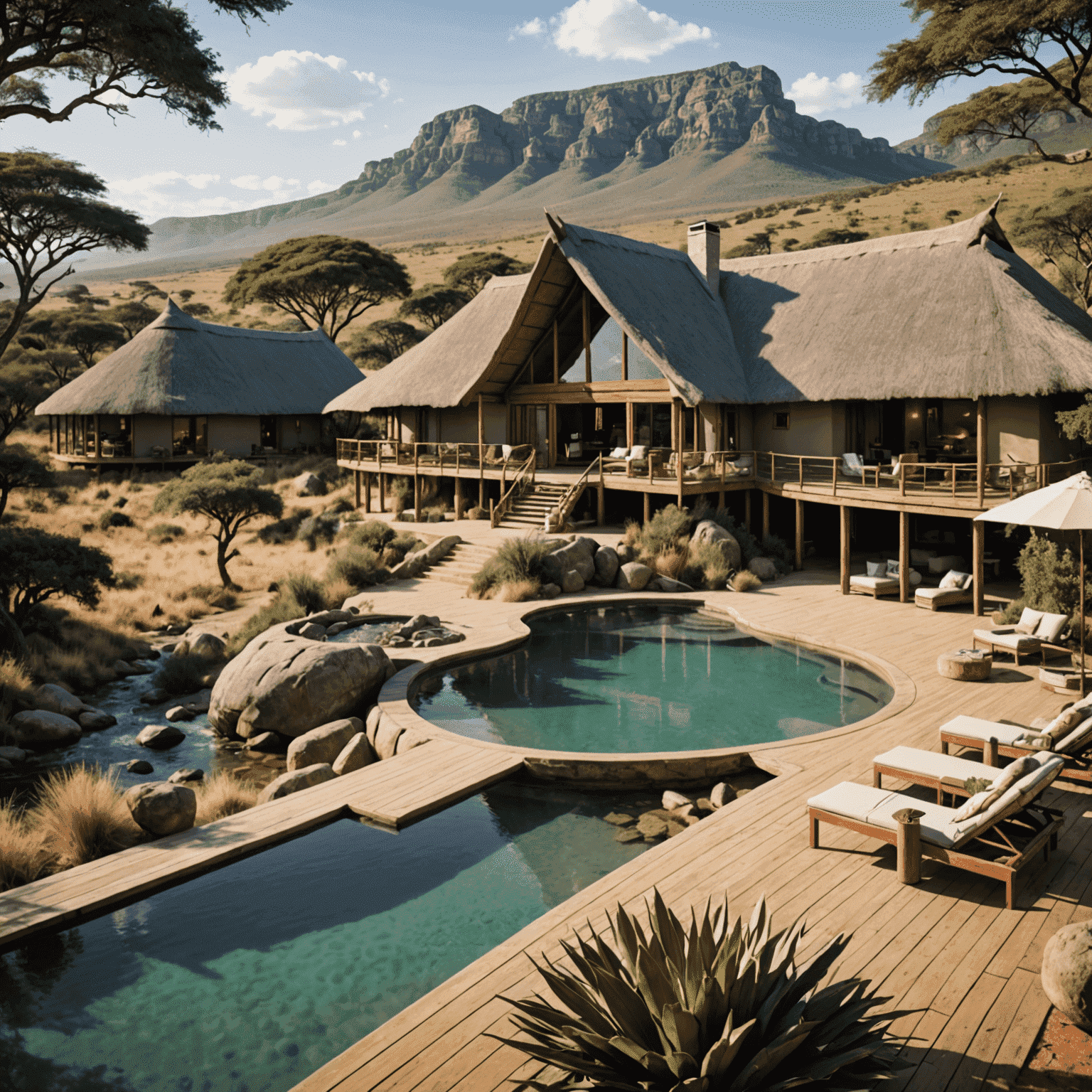 Luxurious eco-lodge overlooking a South African wildlife reserve, representing the country's unique tourism offerings